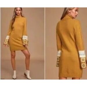 Lulus Mustard Yellow Turtleneck Crochet Sleeve Sweater Dress Mini Size S